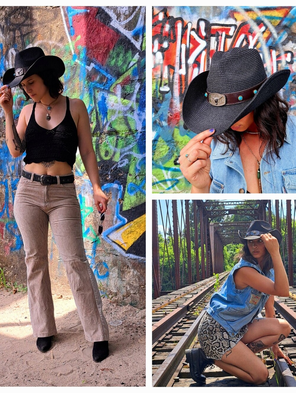 Black Straw Cowboy Hat with Turquoise Accents
